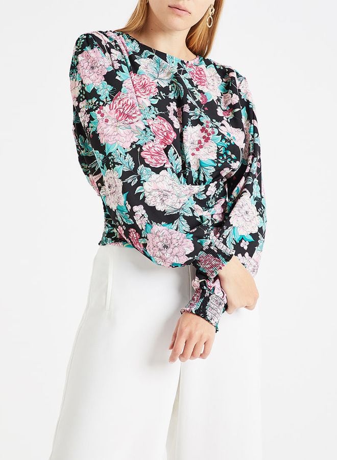 Floral Smocked Cuff Blouse Multicolour