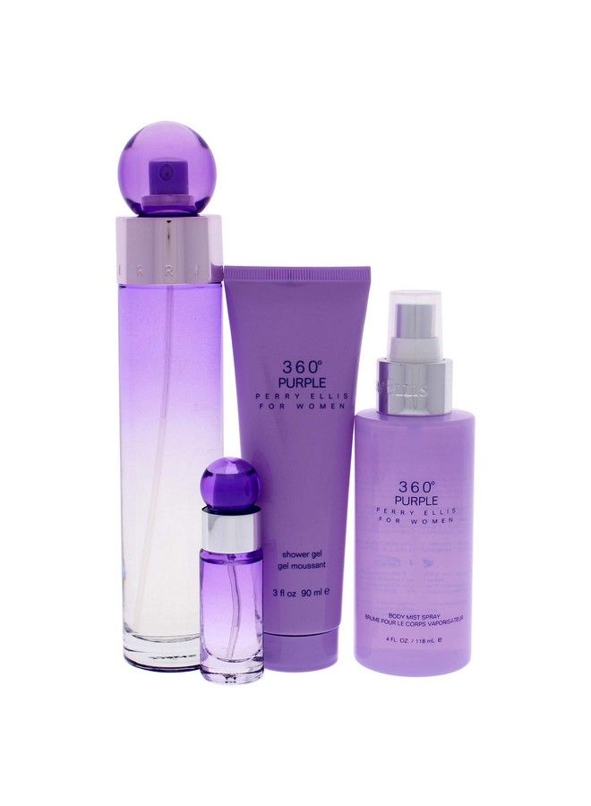 360 Purple Women 3.4Oz Edp Spray 7.5Ml Edp Mini Spray 4Oz Body Mist 3Oz Shower Gel 4 Pc Gift Set