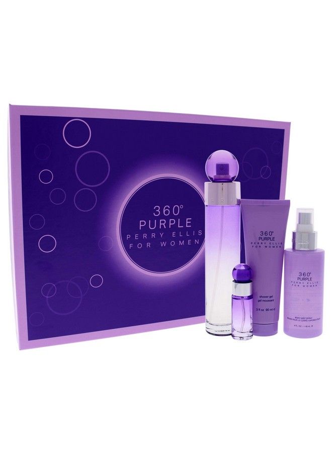 360 Purple Women 3.4Oz Edp Spray 7.5Ml Edp Mini Spray 4Oz Body Mist 3Oz Shower Gel 4 Pc Gift Set