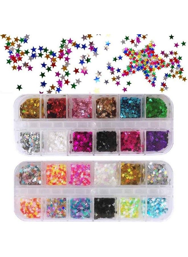 Star Glitter Confetti 24 Boxes Colorful Stars Holographic Sequins Laser Glitter Nail Art Flakes Nail Glitter 3D Manicure Decals Nail Decoration