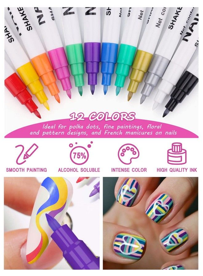 12 Color 3D Nail Art Pens Set Kalolary Nail Polish Pens Nail Point Graffiti Dotting Pen Drawing Painting Liner Brush For Diy Nail Art Beauty Adorn Manicure Tools(A)