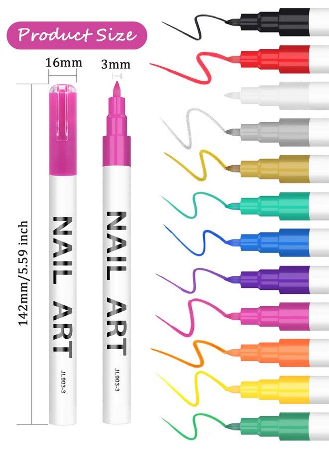 12 Color 3D Nail Art Pens Set Kalolary Nail Polish Pens Nail Point Graffiti Dotting Pen Drawing Painting Liner Brush For Diy Nail Art Beauty Adorn Manicure Tools(A)