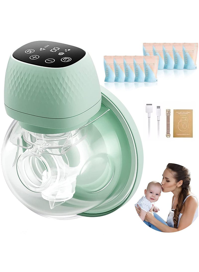 Wearable Breast Pump - 3 Modes & 9 Levels Touch Screen, Portable Electric Breast Pump, Wireless Pump,  Low Noise &Painless Breastfeeding,  Green