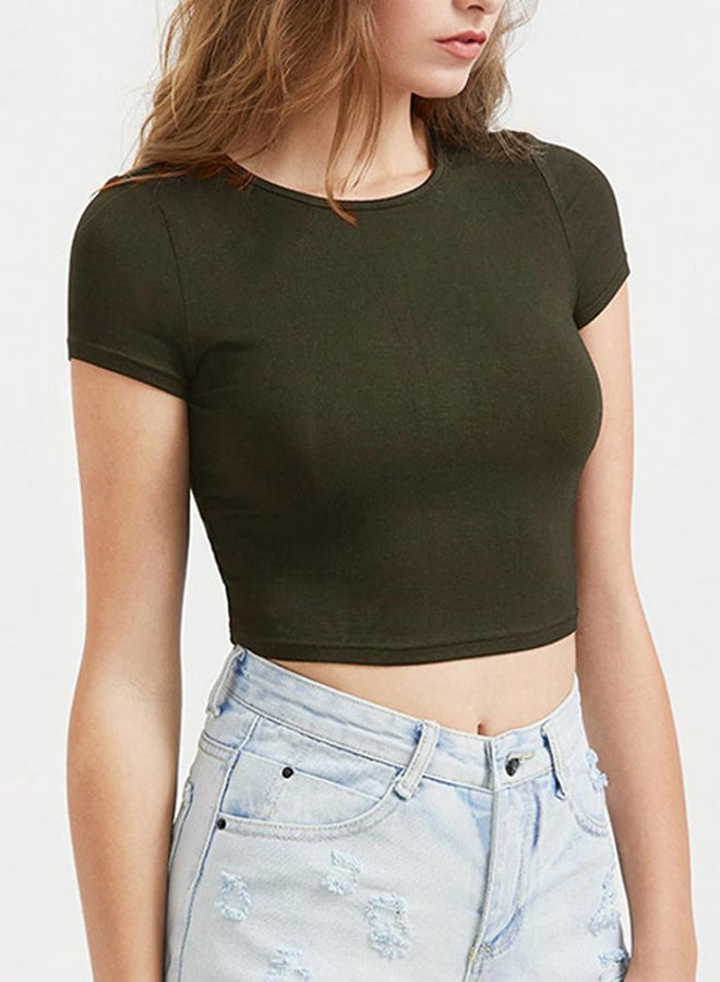 Solid Round Neck Short Sleeve Crop Top Olive Green
