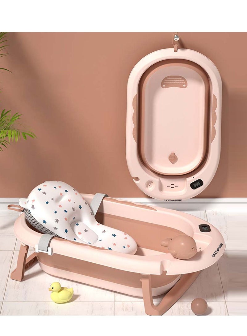 Temperature Controlled Foldable Bathtub With Intelligent Temperature Monitoring Thermometer And Baby Head Shampoo Wash Rinse Mug - Orange