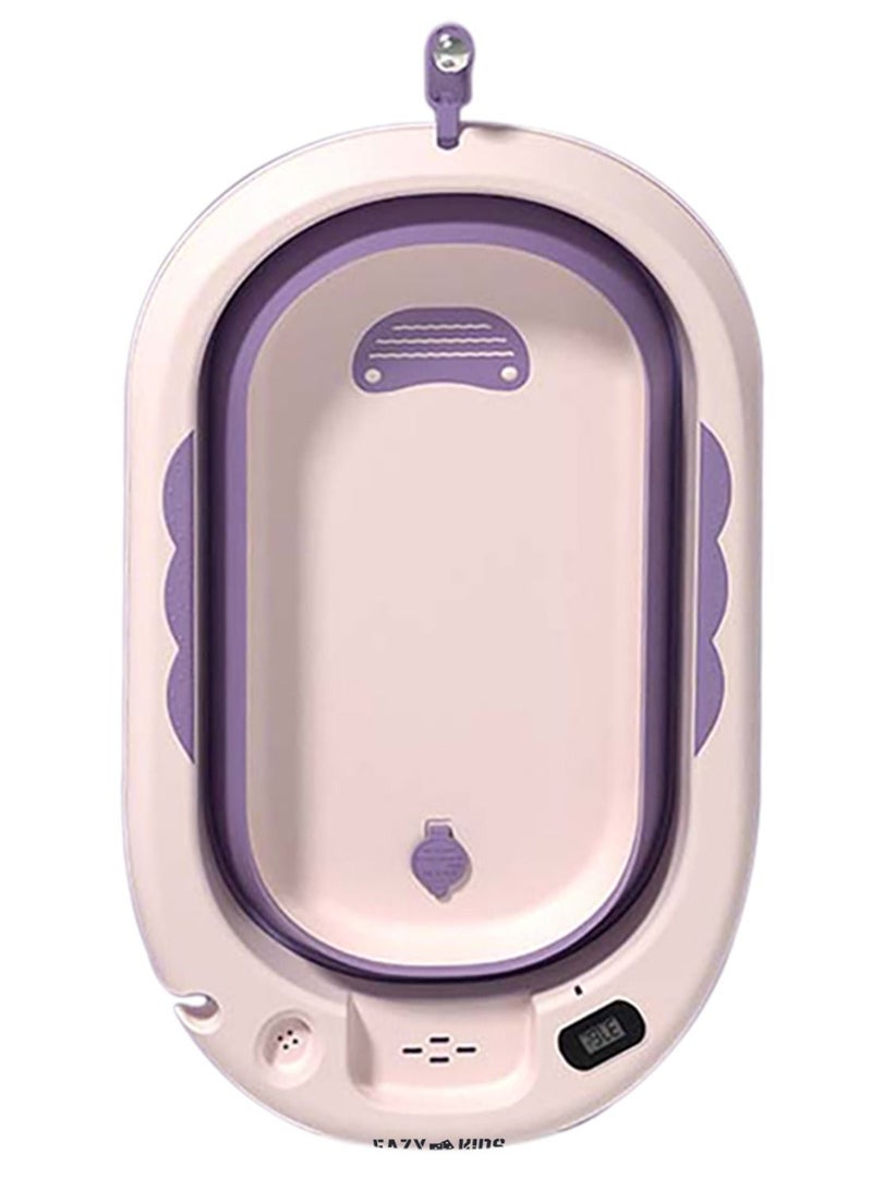 Temperature Controlled Foldable Bathtub With Intelligent Temperature Monitoring Thermometer And Baby Head Shampoo Wash Rinse Mug - Purple