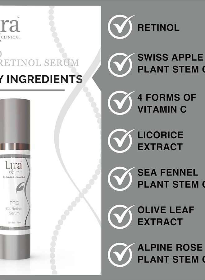 Pro C4 Retinol Serum - Anti Aging Face Serum with Plant Stem Cells - Vitamin C Brightening Serum with Licorice and Olive Extract - Perfect for Acne Prone Skin - 1.69 Ounce