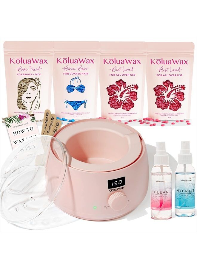 Premium Waxing Kit for Women - Hot Melt Wax Warmer for Hair Removal, Eyebrow, Bikini, Legs, Face, Brazilian Wax & More - Machine + 4-Pack Hard Wax Beads + Accessories, Blush