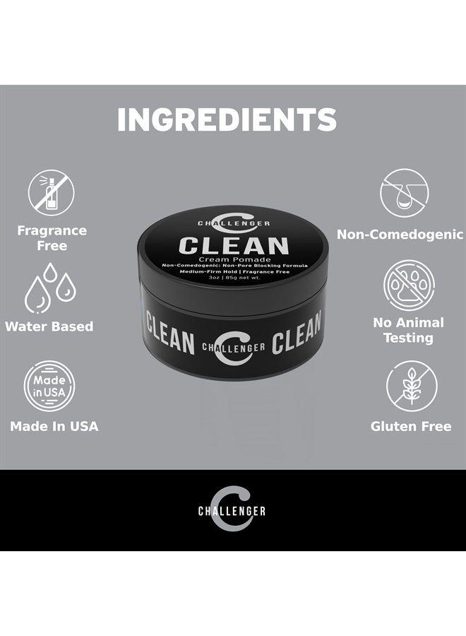 Men's Clean Cream Pomade, 3 Ounce | Fragrance Free, Non-Comedogenic Hair Styling Product | Medium Firm Hold & Natural Finish | Shine Free, Unscented, Water Based & Travel Friendly