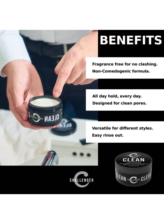 Men's Clean Cream Pomade, 3 Ounce | Fragrance Free, Non-Comedogenic Hair Styling Product | Medium Firm Hold & Natural Finish | Shine Free, Unscented, Water Based & Travel Friendly