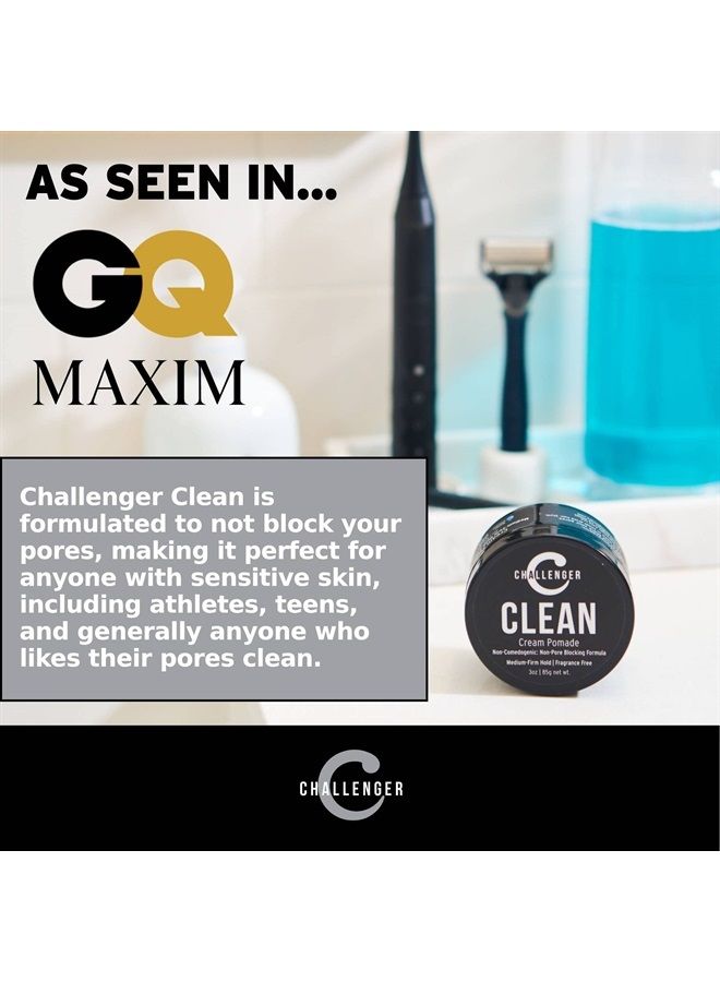 Men's Clean Cream Pomade, 3 Ounce | Fragrance Free, Non-Comedogenic Hair Styling Product | Medium Firm Hold & Natural Finish | Shine Free, Unscented, Water Based & Travel Friendly