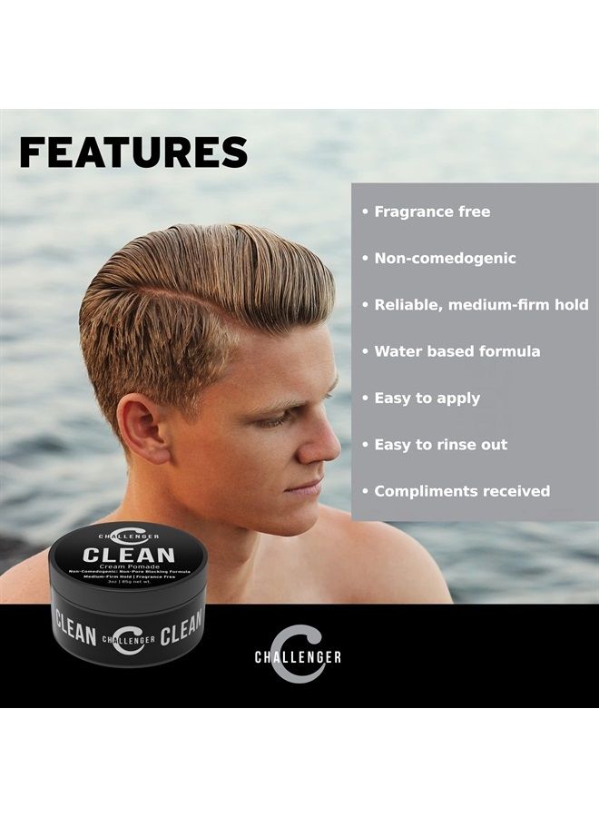 Men's Clean Cream Pomade, 3 Ounce | Fragrance Free, Non-Comedogenic Hair Styling Product | Medium Firm Hold & Natural Finish | Shine Free, Unscented, Water Based & Travel Friendly
