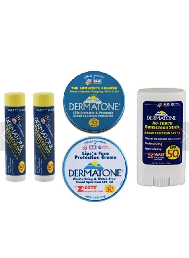 Dermatone Outdoor Protection Kit | Contains 4 of our Sunscreen, Skin Protection Products | z-Cote, Classic Tin, Mineral Sunscreen Stick and 2 Medicated Lip Balms
