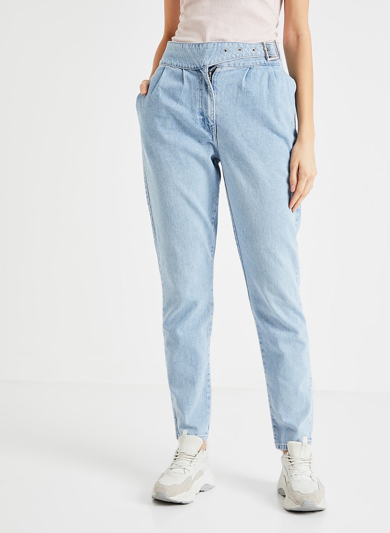 Belted High Rise Jeans Blue