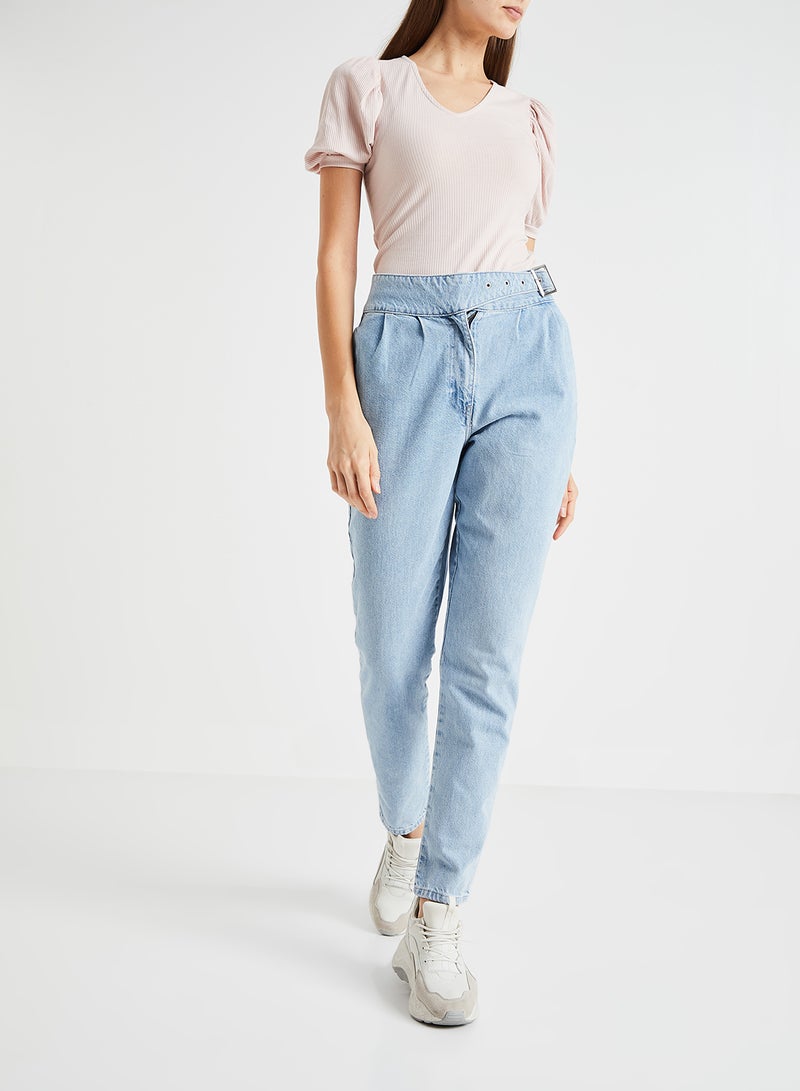 Belted High Rise Jeans Blue