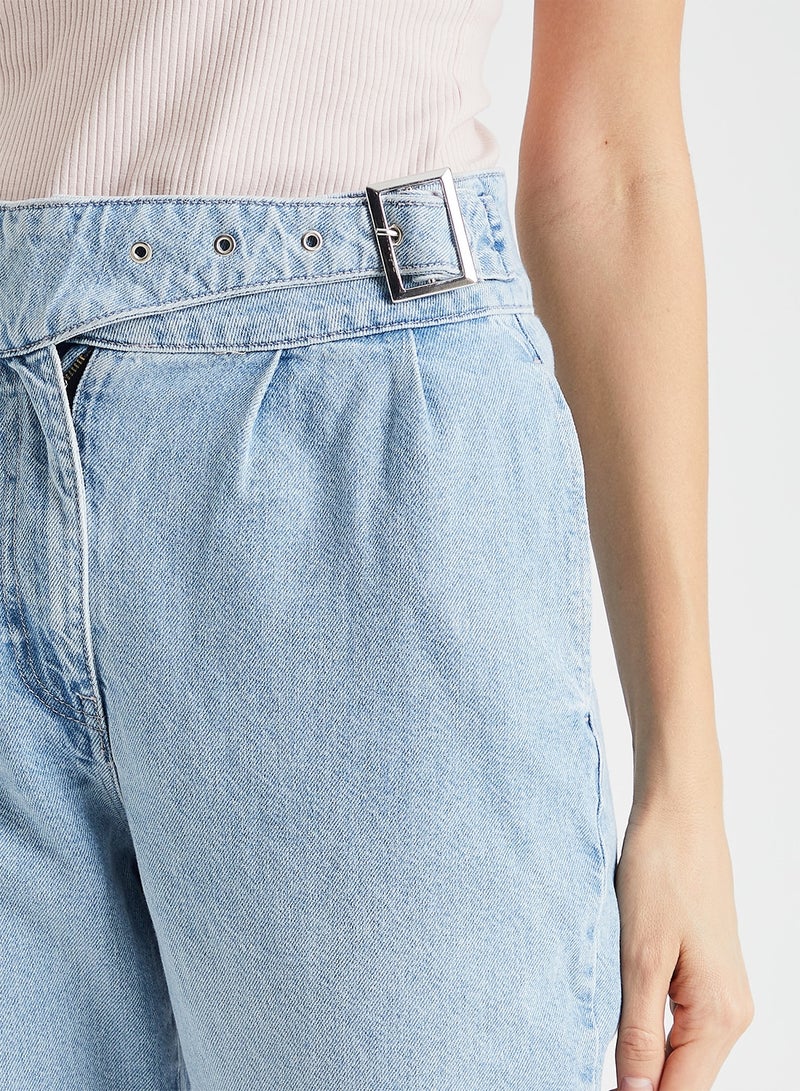 Belted High Rise Jeans Blue