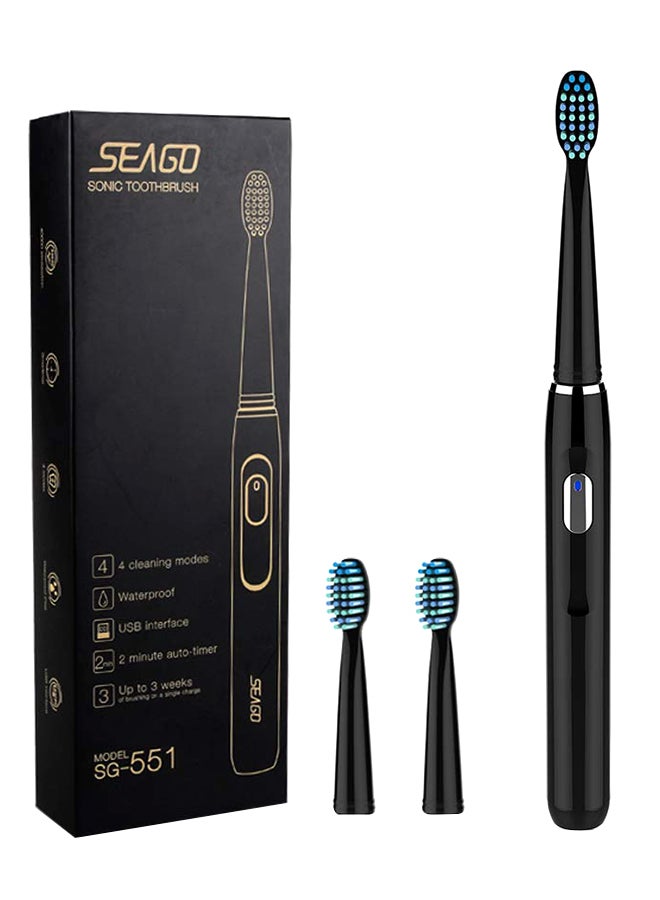 Sonic Rechargeable Electric Toothbrush With 3 Brush Heads Black