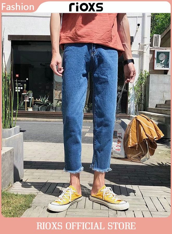 Men's Casual Loose Jeans Straight Leg Denim Pants Fit Trousers Blue