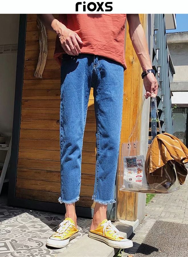 Men's Casual Loose Jeans Straight Leg Denim Pants Fit Trousers Blue