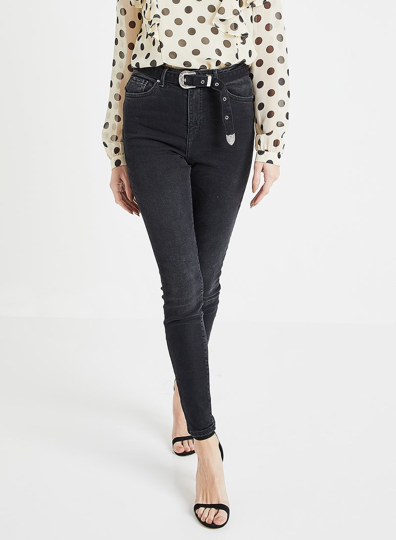 Belted High Waist Skinny Jeans Black