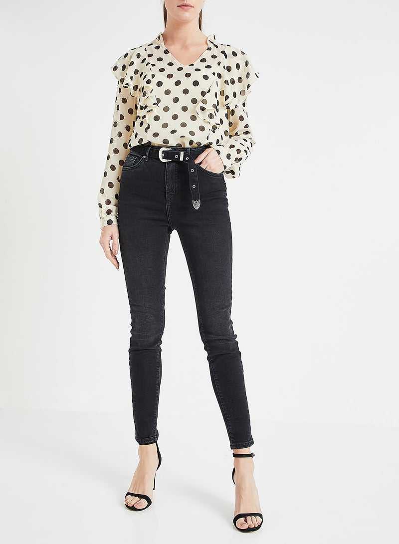 Belted High Waist Skinny Jeans Black
