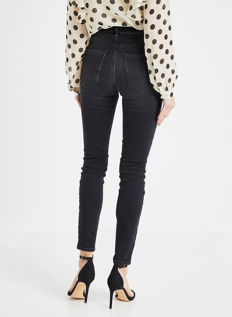 Belted High Waist Skinny Jeans Black