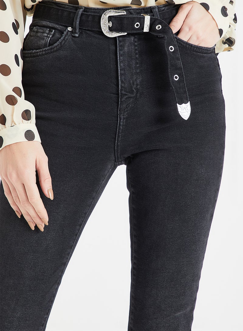 Belted High Waist Skinny Jeans Black