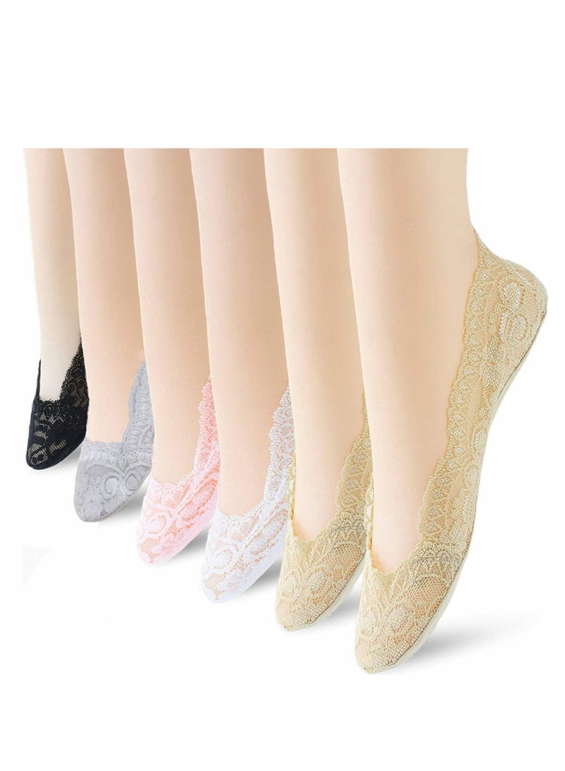 Womens Anti-Slip Socks, 6 Pairs No Show Socks Lace Women No Show Liner Socks Womens No Socks Thin Low Cut Casual Socks Non Slip
