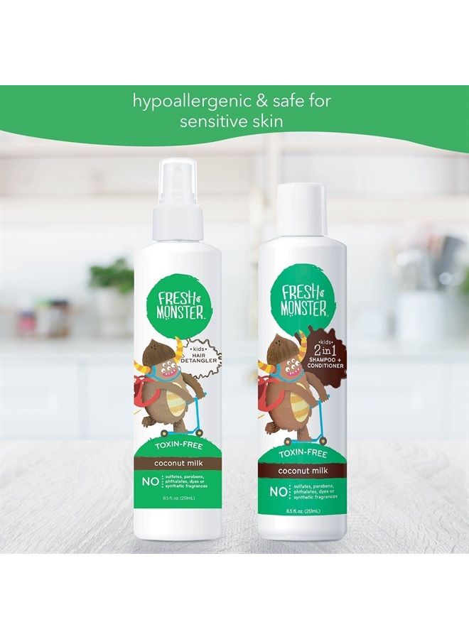 Kids Hair Detangler Spray & 2-in-1 Shampoo & Conditioner Combo, Toxin-Free, Hypoallergenic & Natural, Coconut (8.5 oz Detangler & 8.5 oz 2-in-1 Shampoo & Conditioner)