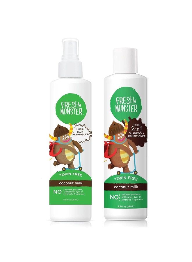Kids Hair Detangler Spray & 2-in-1 Shampoo & Conditioner Combo, Toxin-Free, Hypoallergenic & Natural, Coconut (8.5 oz Detangler & 8.5 oz 2-in-1 Shampoo & Conditioner)