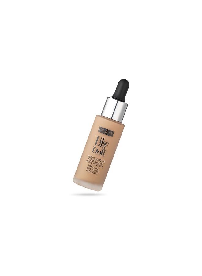 PUPA Milano Like A Doll Perfecting Make-Up Fluid Nude Look Foundation - Light Texture - Natural, Nude Skin Effect - For All Skin Types - Blends Perfectly - Natural Beige - 1.01 Oz (50036030)