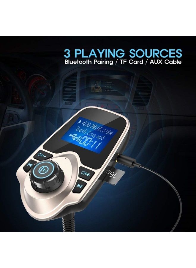 Bluetooth Car FM Transmitter Audio Adapter Receiver Wireless Handsfree Voltmeter Car Kit TF Card AUX 1.44 Display - KM18 Golden
