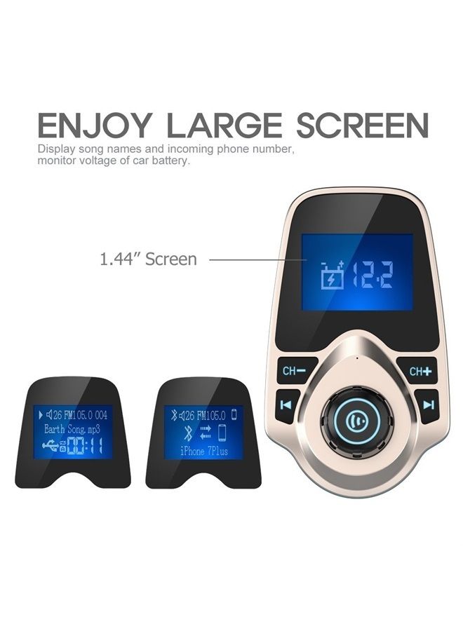 Bluetooth Car FM Transmitter Audio Adapter Receiver Wireless Handsfree Voltmeter Car Kit TF Card AUX 1.44 Display - KM18 Golden