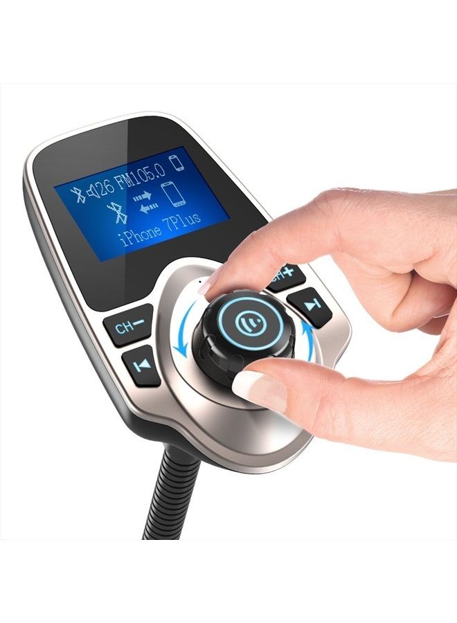Bluetooth Car FM Transmitter Audio Adapter Receiver Wireless Handsfree Voltmeter Car Kit TF Card AUX 1.44 Display - KM18 Golden