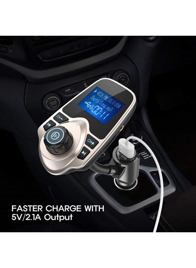 Bluetooth Car FM Transmitter Audio Adapter Receiver Wireless Handsfree Voltmeter Car Kit TF Card AUX 1.44 Display - KM18 Golden
