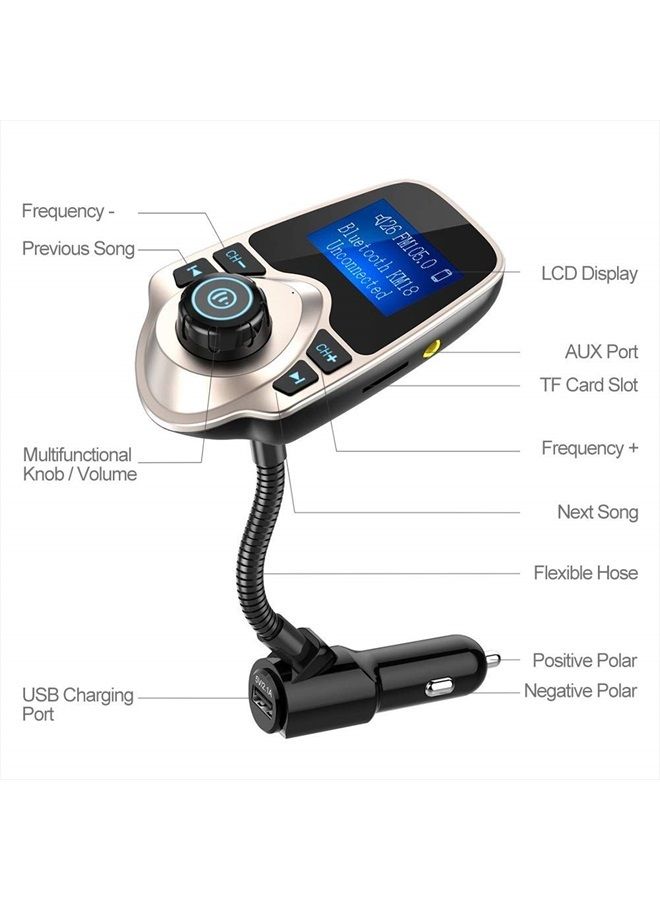 Bluetooth Car FM Transmitter Audio Adapter Receiver Wireless Handsfree Voltmeter Car Kit TF Card AUX 1.44 Display - KM18 Golden