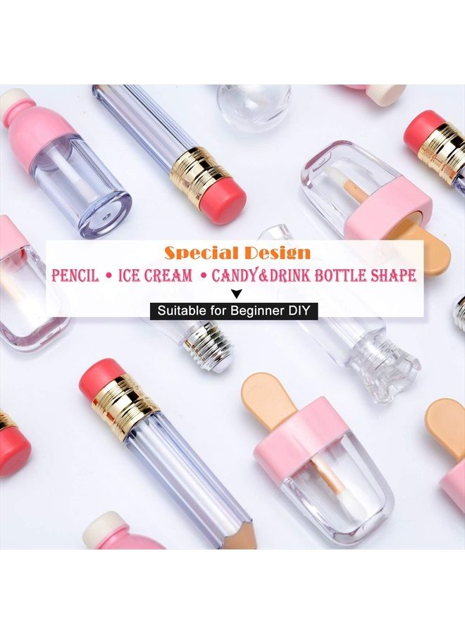 24 Pieces Novelty Empty Lip Gloss Tubes, Ice Cream and Funny Light Bulb Shaped Lip Balm Tube, Creative Lollipop Shape, Bottle and Candy Shaped Lip Glaze Tube, Pencil Lip Oil Bottles, 6 Styles