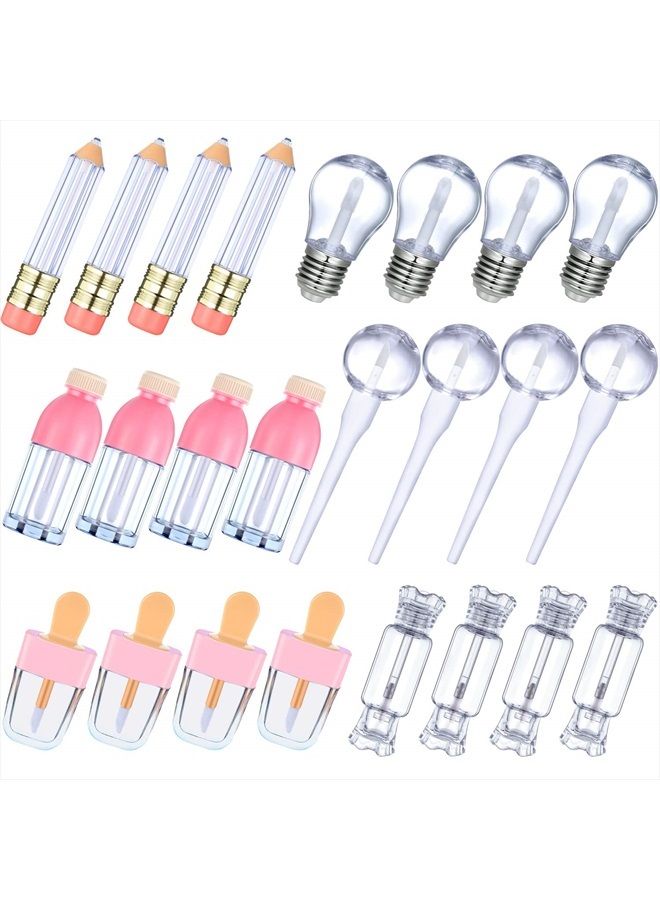 24 Pieces Novelty Empty Lip Gloss Tubes, Ice Cream and Funny Light Bulb Shaped Lip Balm Tube, Creative Lollipop Shape, Bottle and Candy Shaped Lip Glaze Tube, Pencil Lip Oil Bottles, 6 Styles