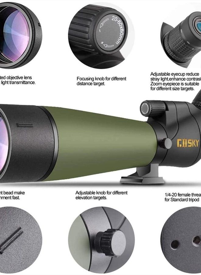 Updated 20-60x80 Spotting Scope with Tripod, Carrying Bag - BAK4 Angled Scope for Target Shooting Hunting Bird Watching Wildlife Scenery (Phone Mount+SLR Mount Compatible with Canon) 1