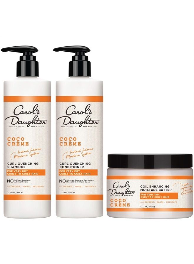 Coco Creme Sulfate Free Shampoo and Conditioner Set with Silicone Free Hair Butter, for Very Dry Curly Hair, with Coconut Oil and Mango Butter