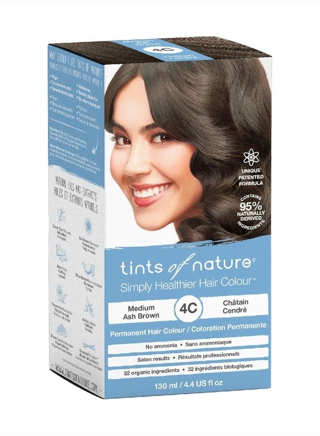 Permanent Hair Dye, Nourishes Hair & Covers Greys, 1 x 130ml - 4C Medium Ash Brown