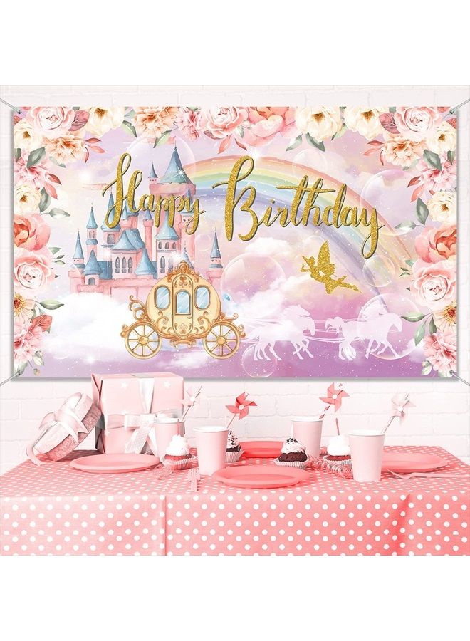 Princess Birthday Party Decorations Supplies Princess Theme Backdrop Background Banner for Girl Birthday Party Favor Gold and Pink Royal Castle Carriage Crown Floral Photography Booth Cake Table Decor