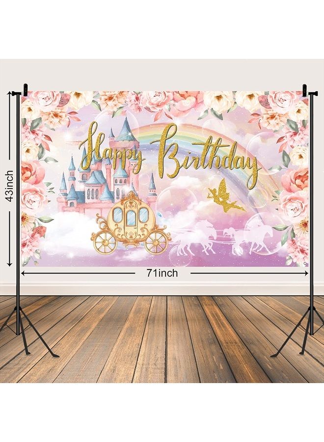 Princess Birthday Party Decorations Supplies Princess Theme Backdrop Background Banner for Girl Birthday Party Favor Gold and Pink Royal Castle Carriage Crown Floral Photography Booth Cake Table Decor