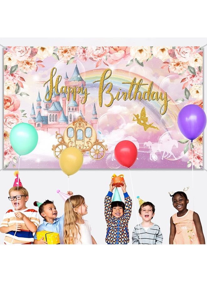 Princess Birthday Party Decorations Supplies Princess Theme Backdrop Background Banner for Girl Birthday Party Favor Gold and Pink Royal Castle Carriage Crown Floral Photography Booth Cake Table Decor