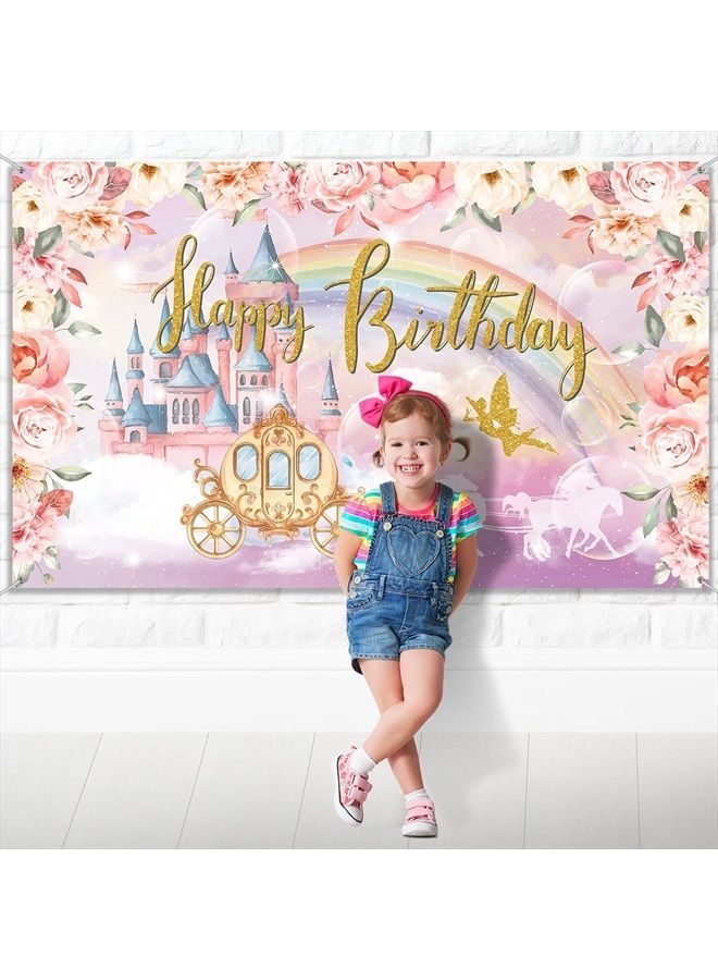 Princess Birthday Party Decorations Supplies Princess Theme Backdrop Background Banner for Girl Birthday Party Favor Gold and Pink Royal Castle Carriage Crown Floral Photography Booth Cake Table Decor
