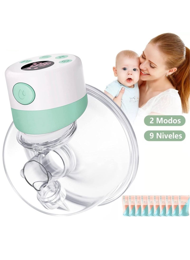 Wearable Breast Pump, Electric Hands-Free Breast Pumps with 2 Modes, 9 Levels, LCD Display, Memory Function Rechargeable with Massage and Pumping Mode-Green