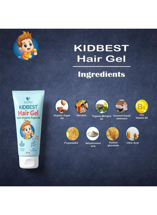 Kidbest Hair Gel for Kids Hair Styling, Made with Organic Argan Oil, Kertine & Moringa Oil, Hair Growth, Damaged Hair, Tear, Paraben, SLS free, 50ml