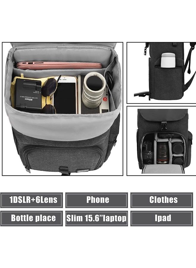 Camera Backpack Canvas Camera Bag for DSLR/SLR Mirrorless Camera with 15.6 inches Laptop Compartment, Camera Case Compatible for Sony Canon Nikon Cameras and Lens Tripod Waterproof Black