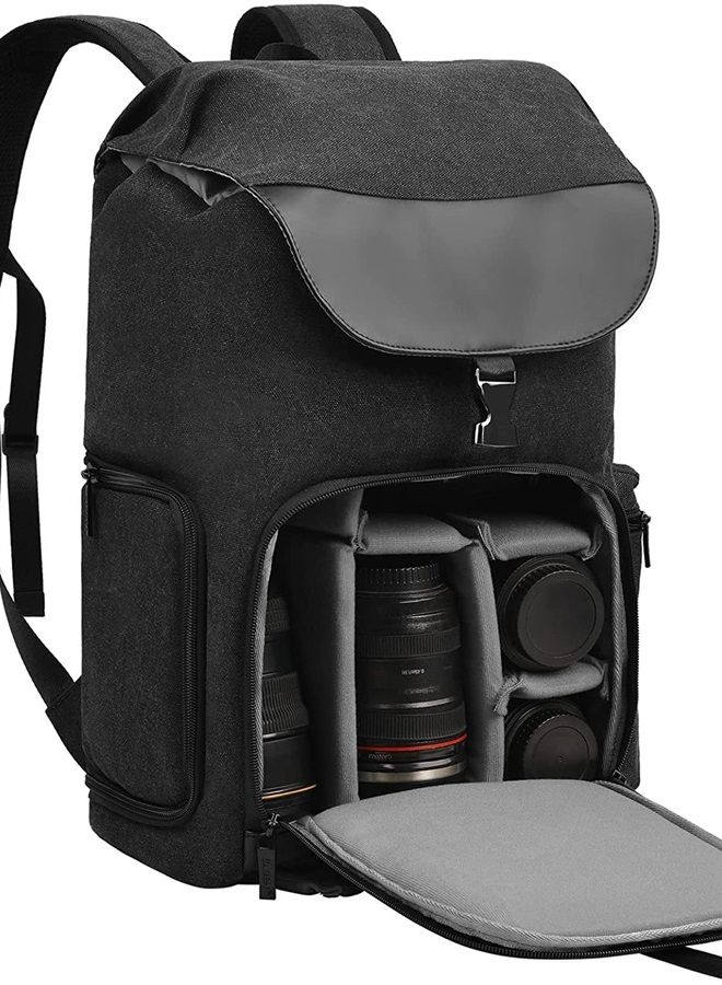 Camera Backpack Canvas Camera Bag for DSLR/SLR Mirrorless Camera with 15.6 inches Laptop Compartment, Camera Case Compatible for Sony Canon Nikon Cameras and Lens Tripod Waterproof Black