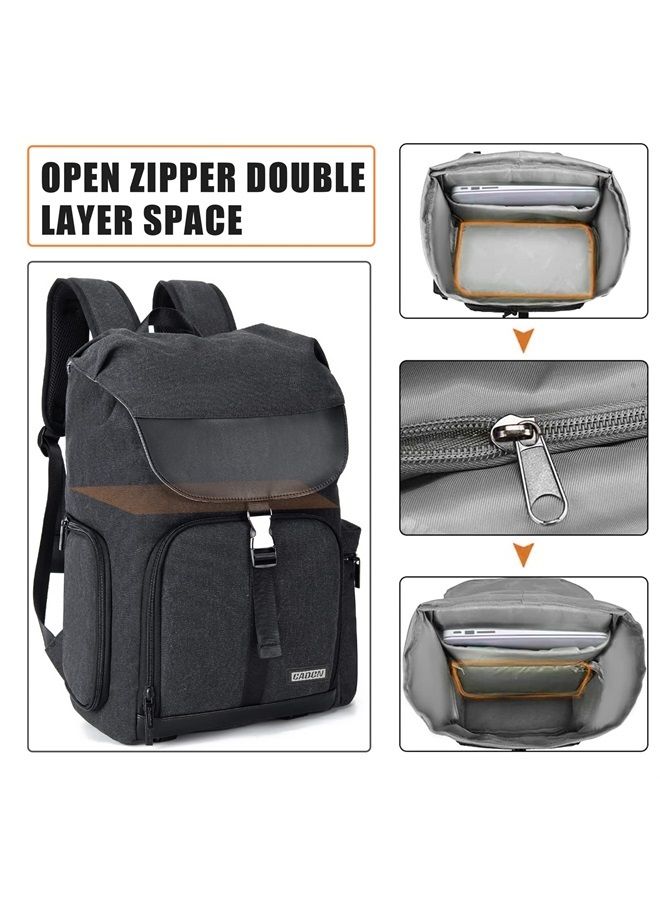 Camera Backpack Canvas Camera Bag for DSLR/SLR Mirrorless Camera with 15.6 inches Laptop Compartment, Camera Case Compatible for Sony Canon Nikon Cameras and Lens Tripod Waterproof Black